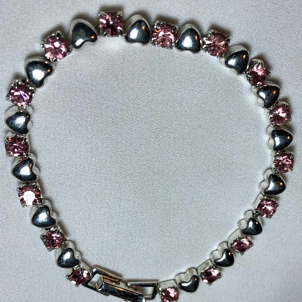 Vintage Avon Pink Rhinestone Heart Bracelet; Silver-tone